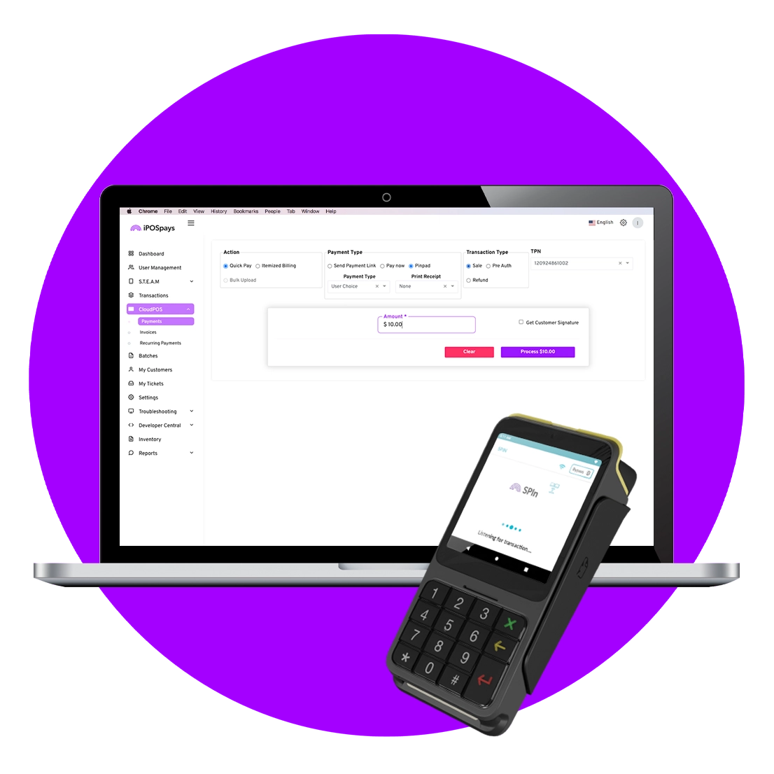 Invoicing and payment gateway on laptop with card terminal