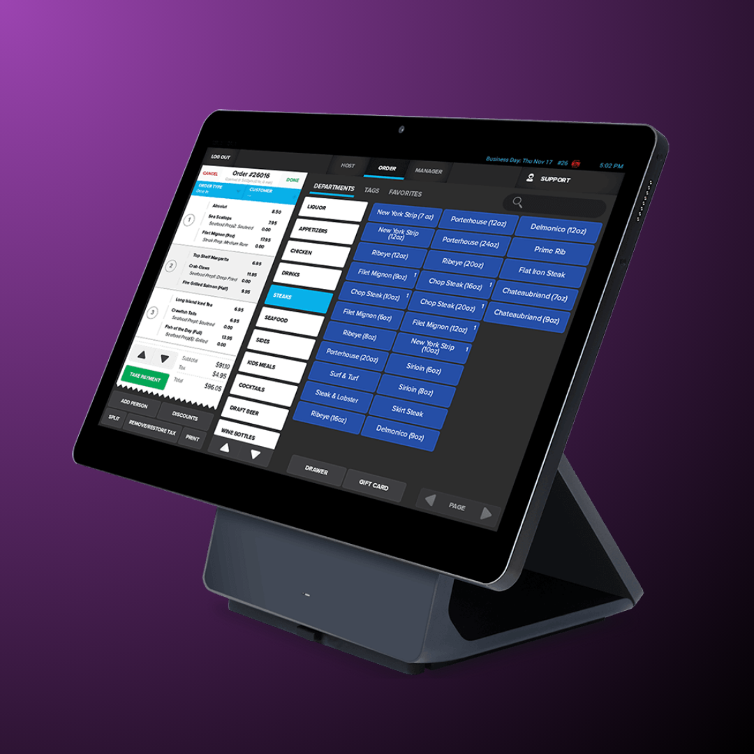 SkyTab restaurant POS terminal displaying an order screen